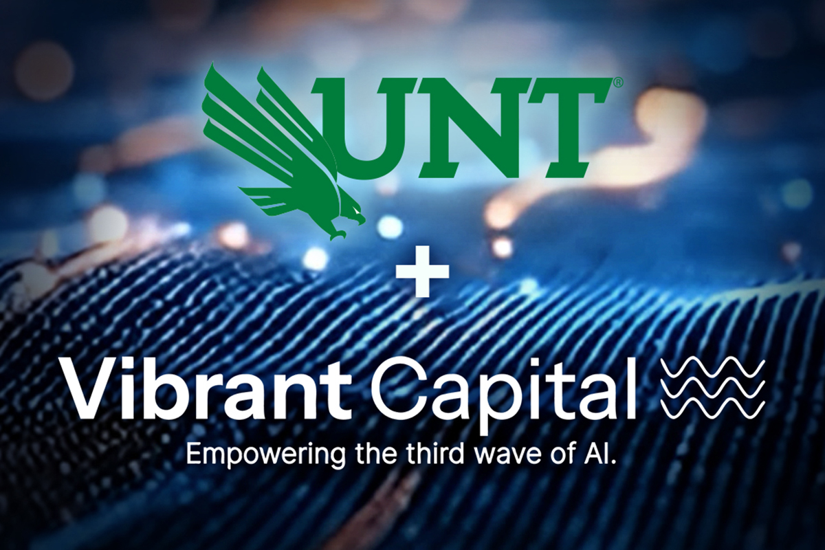 UNT and Vibrant Capital logos against blue linear background.